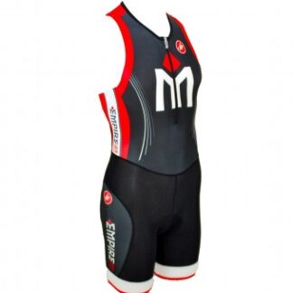 A black and red triathlon suit is shown.
