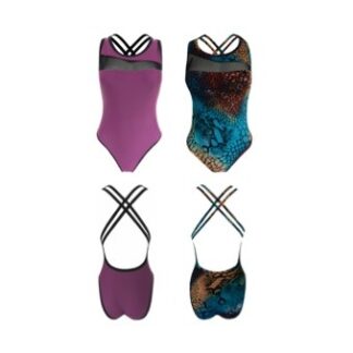 A set of four swimsuits with different designs.