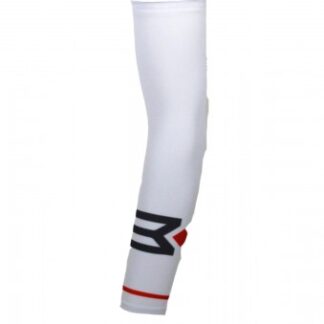 A white arm sleeve with red and black stripes on it.