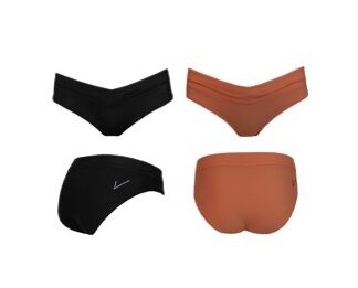 A set of four different colored underwear.