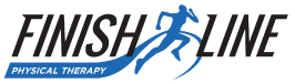 A blue and black logo of a man running.