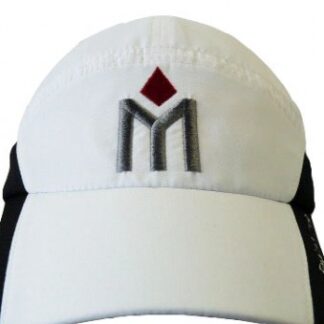 A white hat with the letter m on it.