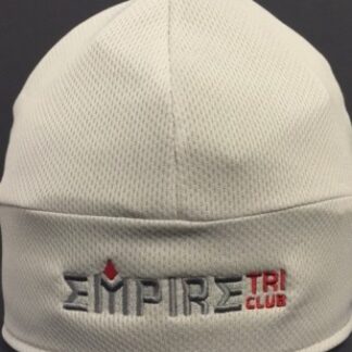 A white hat with the words empire tri club embroidered on it.