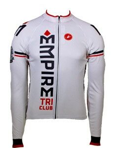 A white jacket with red and black lettering on it.