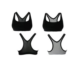 A set of four black and white sports bras.