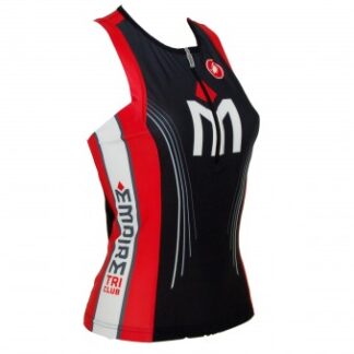 A woman wearing a red and black cycling top.