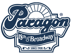 A blue and white logo for paragon 1 8 th & broadway.