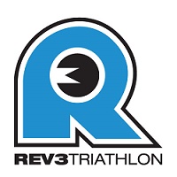 A blue and black logo for the rev 3 triathlon.