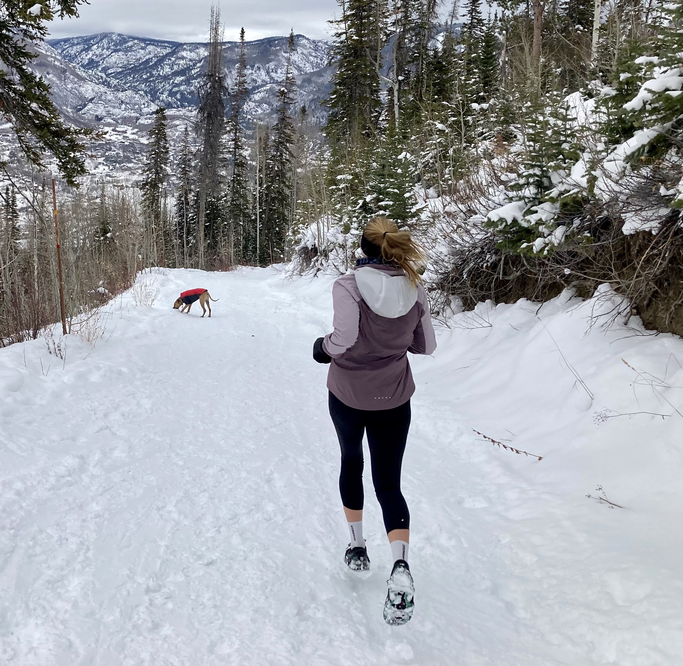 A woman is walking in the snow with her dog.