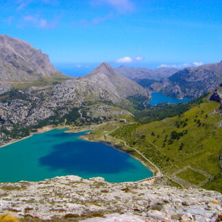 A view of the mountains and water from above.