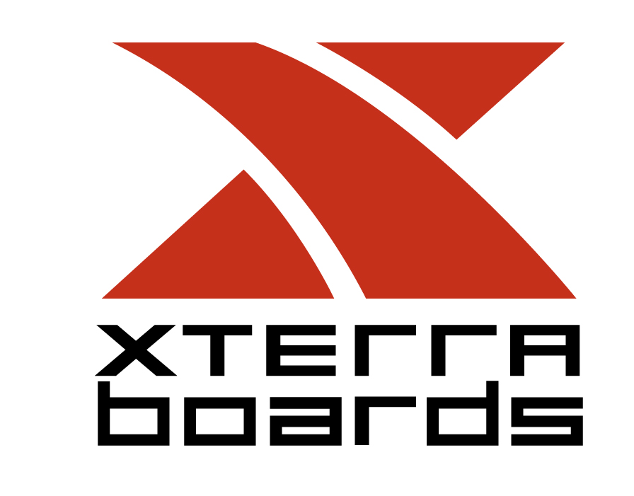 A red and black logo for xterra boards