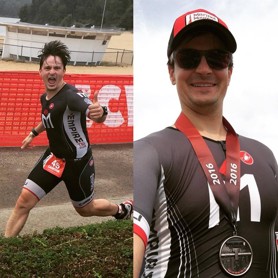 Two photos of a man running and wearing medals.