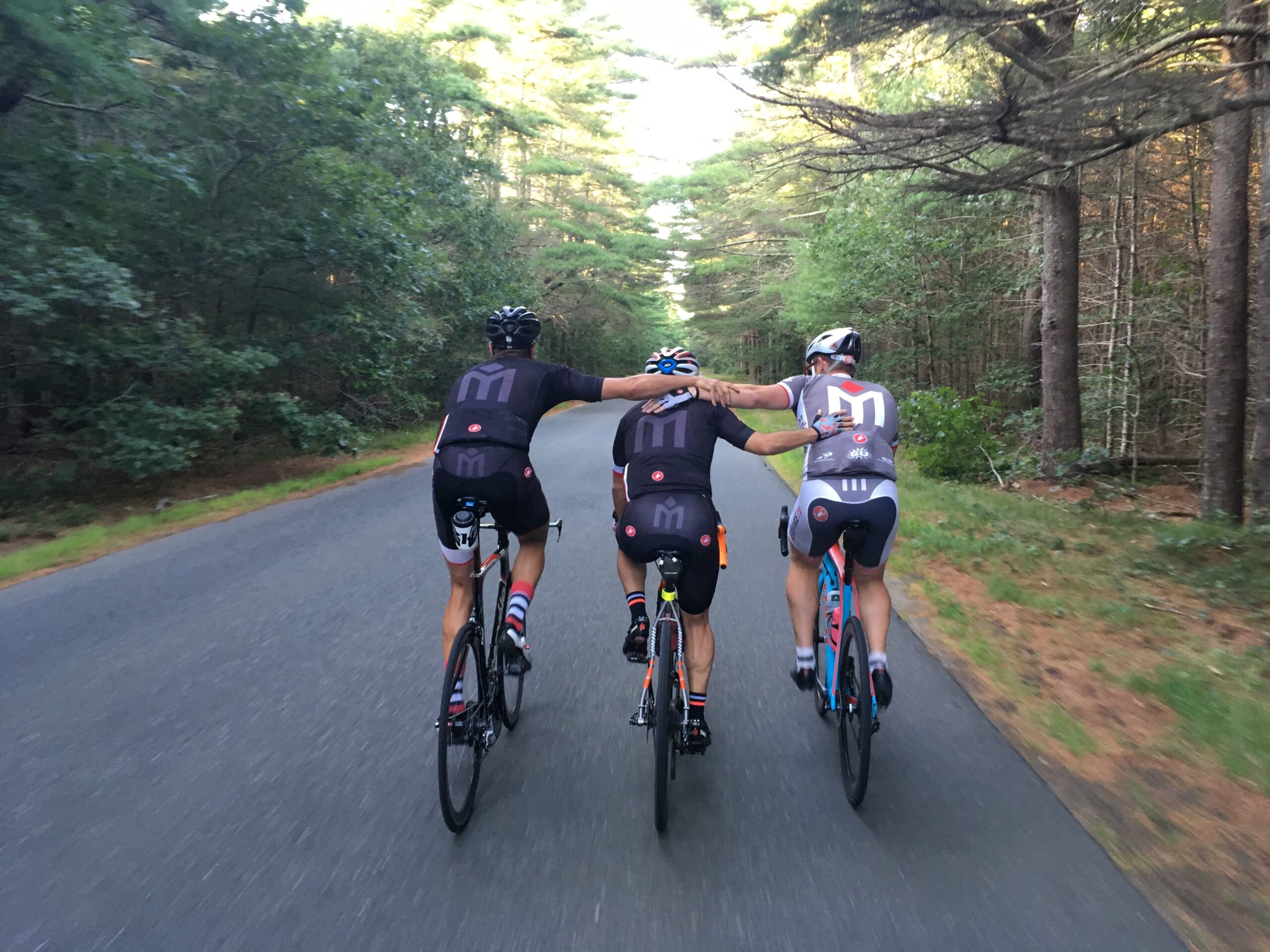 Three people riding bikes on a road near trees.