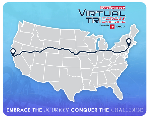 A map of the united states with a route marked in blue.