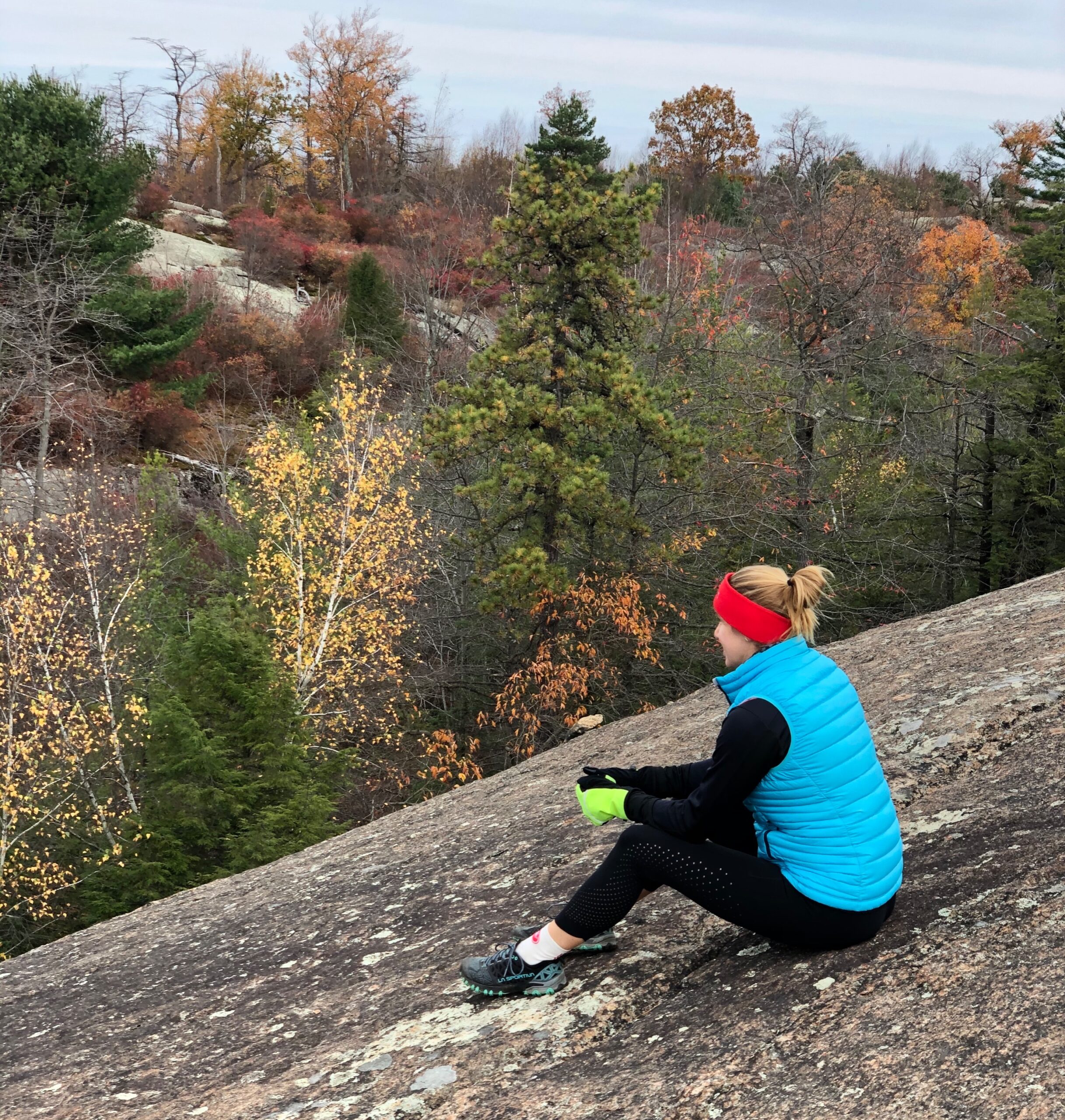 Woman sitting on rock, overlooking autumn forest.