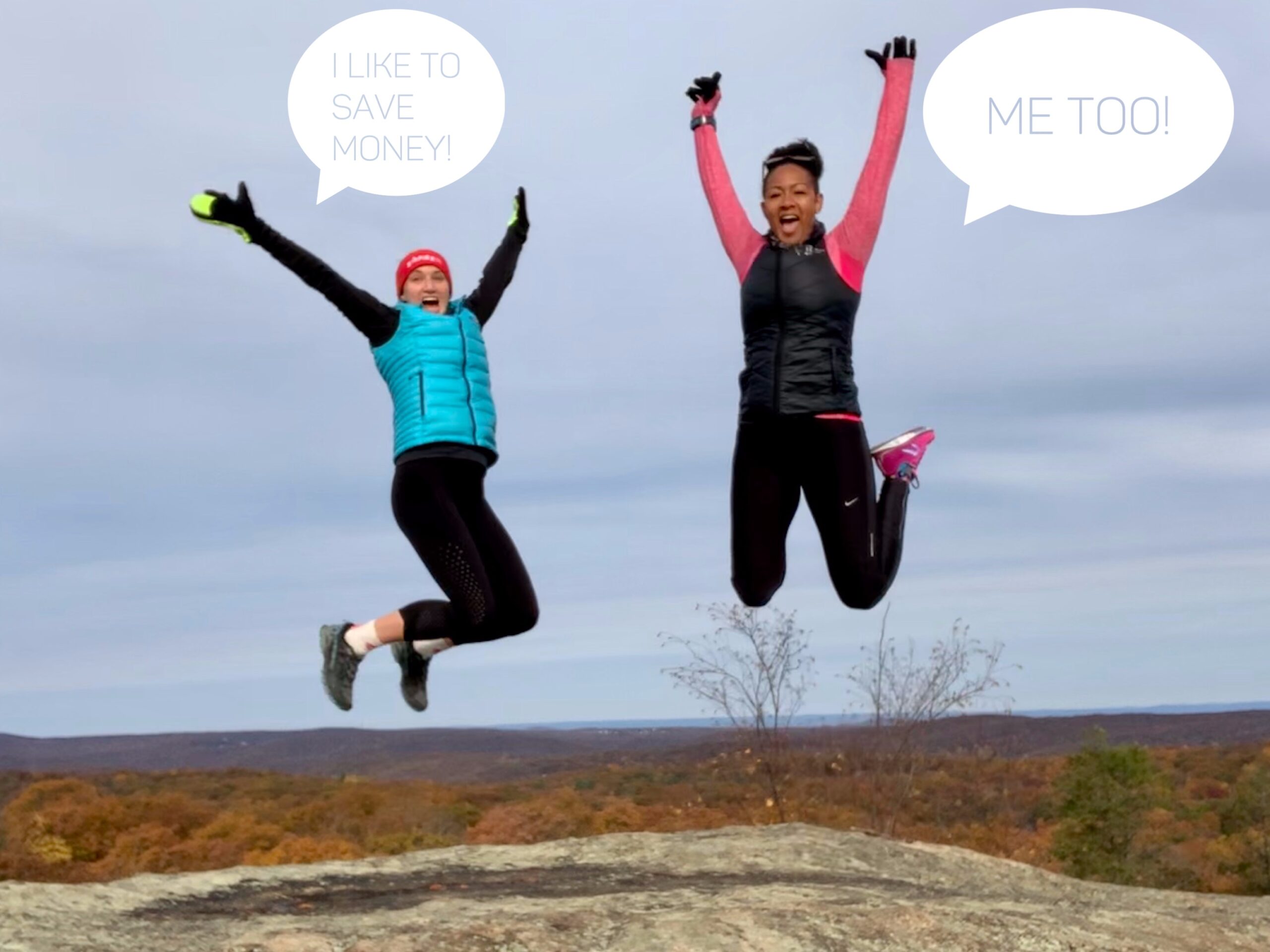 Two people jumping with speech bubbles.