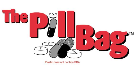 A red and white logo with pills on it.